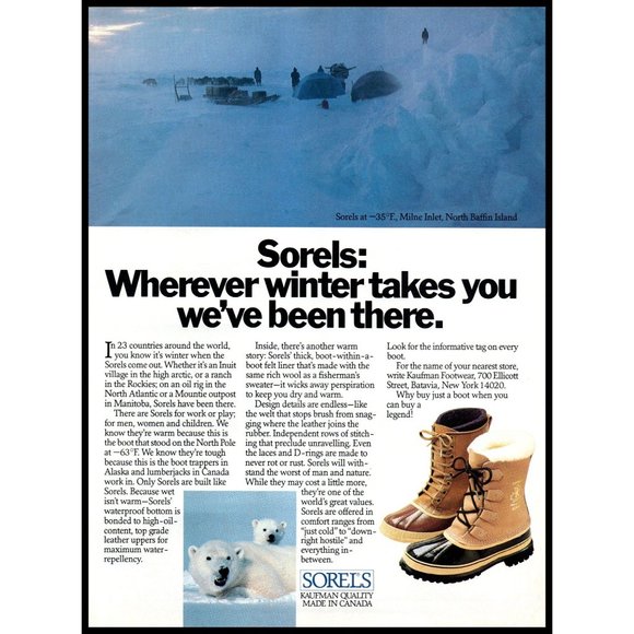 1987 Kaufman Sorels Winter Boots Vintage Print Ad Base Camp Baffin Island Arctic - Picture 1 of 1
